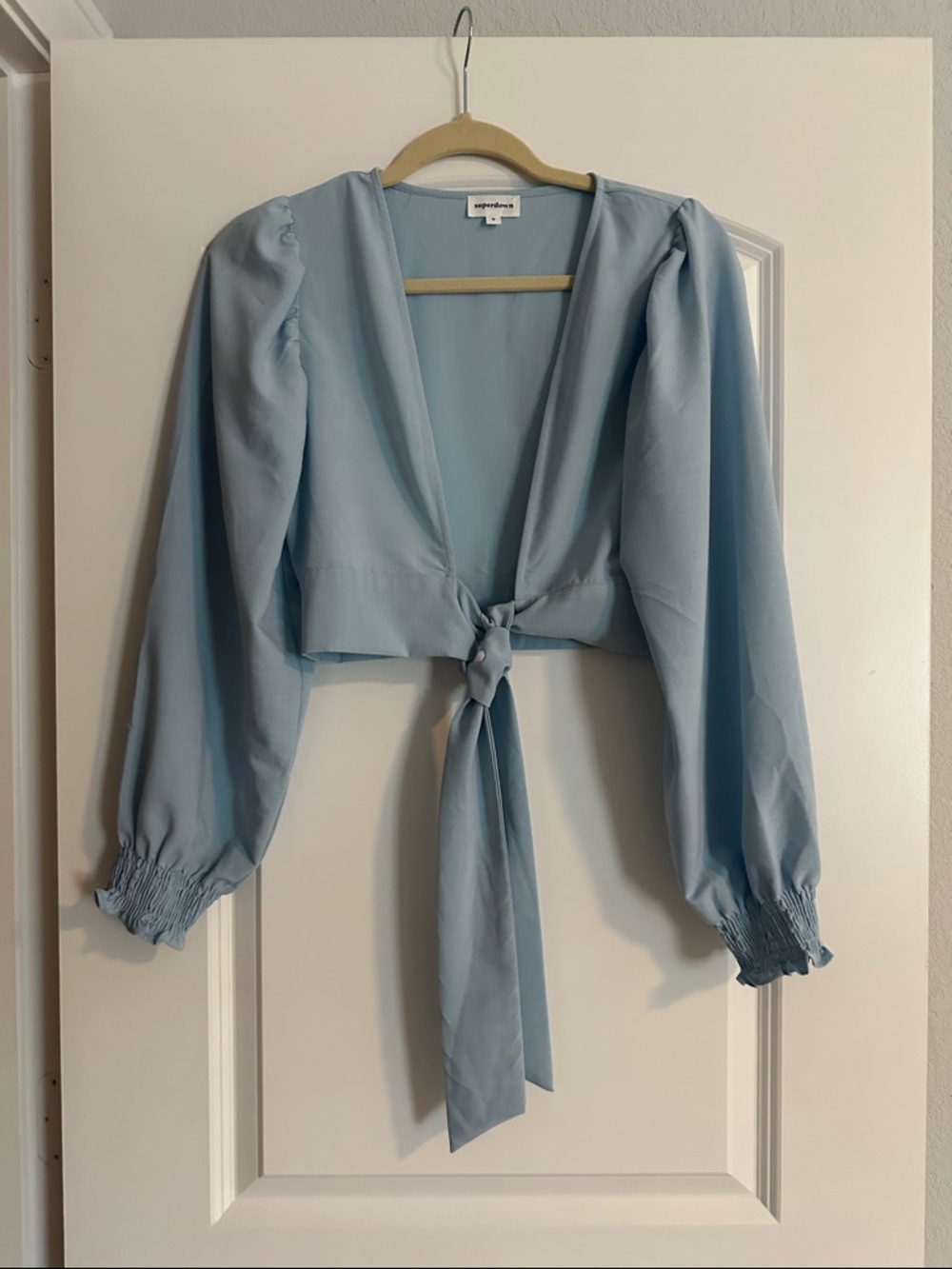 superdown Powder Blue Tie-Front Long Sleeve Crop Top